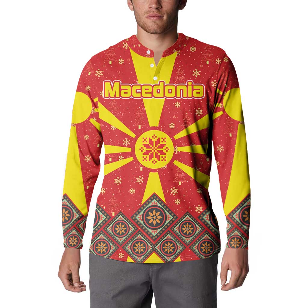 Macedonia Christmas Button Sweatshirt with Yellow Sun, Santa, and Festive Tree Motif - Wonder Print Shop