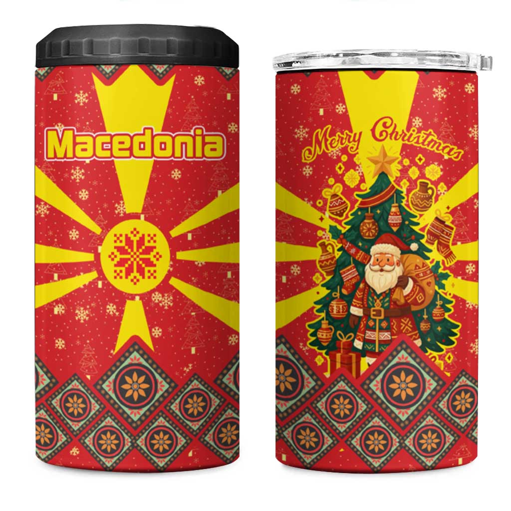 Macedonia Christmas 4 in 1 Can Cooler Tumbler with Yellow Sun, Santa, and Festive Tree Motif - Wonder Print Shop