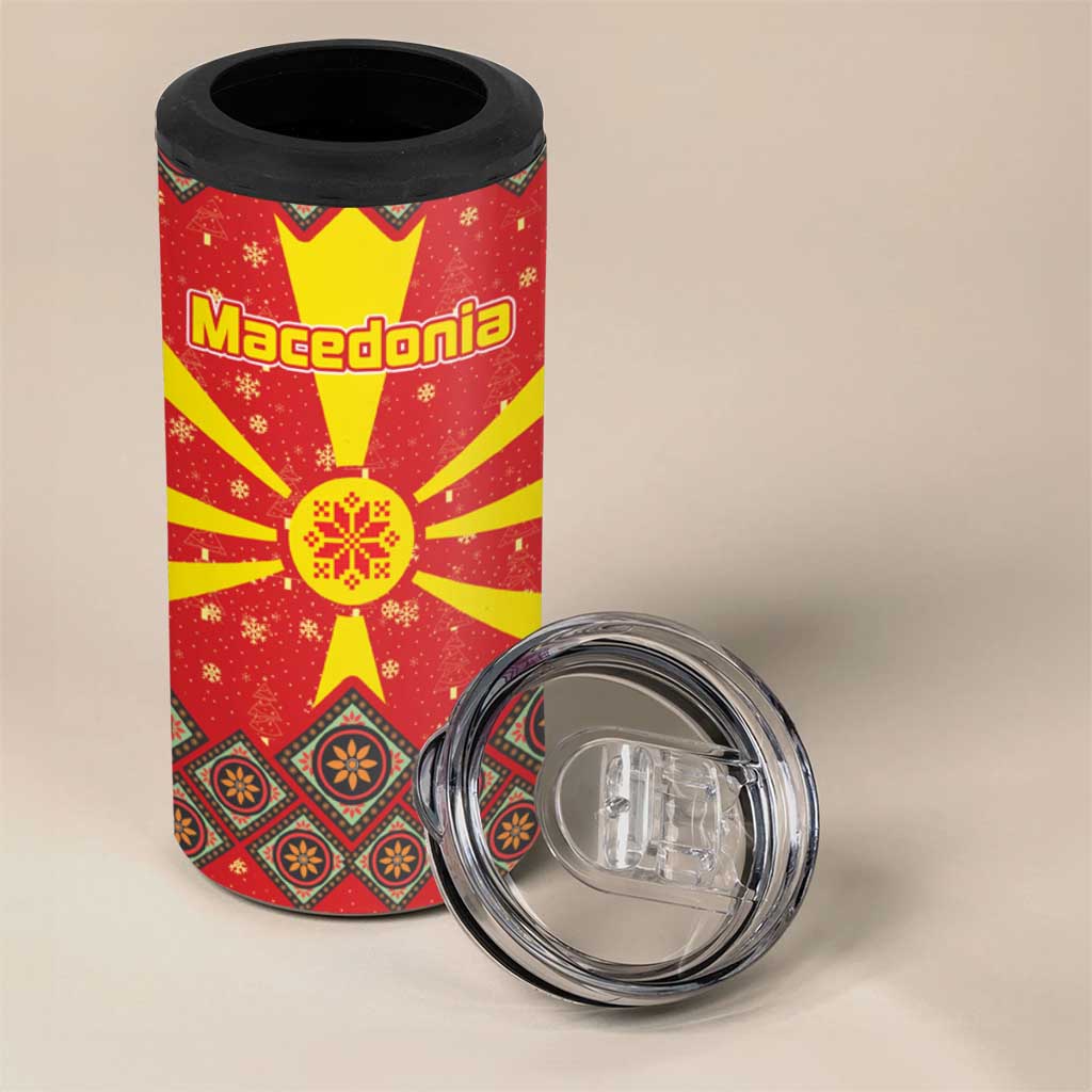 Macedonia Christmas 4 in 1 Can Cooler Tumbler with Yellow Sun, Santa, and Festive Tree Motif - Wonder Print Shop