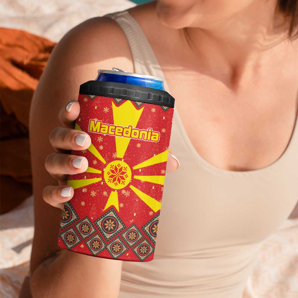 Macedonia Christmas 4 in 1 Can Cooler Tumbler with Yellow Sun, Santa, and Festive Tree Motif - Wonder Print Shop