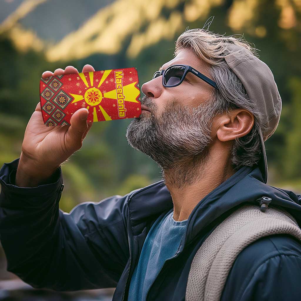 Macedonia Christmas 4 in 1 Can Cooler Tumbler with Yellow Sun, Santa, and Festive Tree Motif - Wonder Print Shop