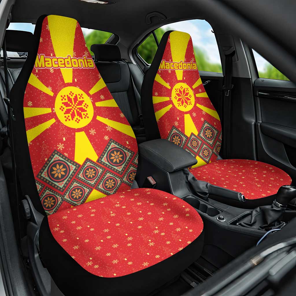 Macedonia Christmas Car Seat Cover with Yellow Sun, Santa, and Festive Tree Motif - Wonder Print Shop