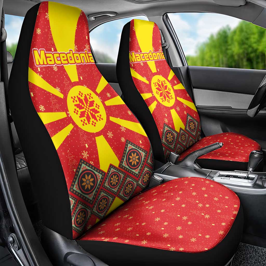 Macedonia Christmas Car Seat Cover with Yellow Sun, Santa, and Festive Tree Motif - Wonder Print Shop