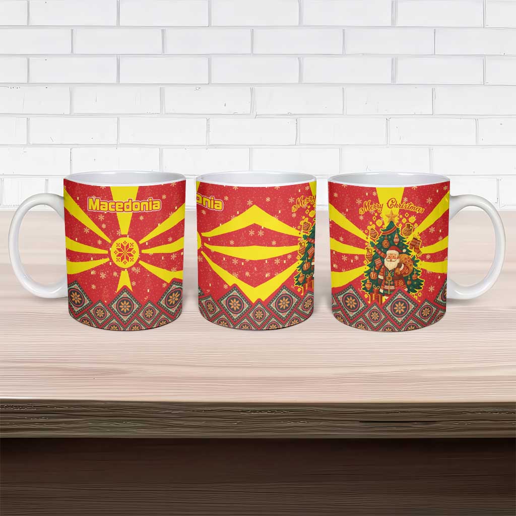 Macedonia Christmas Ceramic Mug with Yellow Sun, Santa, and Festive Tree Motif - Wonder Print Shop