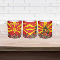 Macedonia Christmas Ceramic Mug with Yellow Sun, Santa, and Festive Tree Motif - Wonder Print Shop