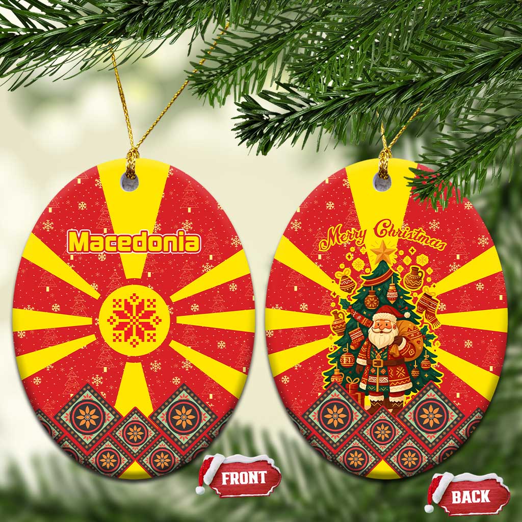 Macedonia Christmas Ceramic Ornament with Yellow Sun, Santa, and Festive Tree Motif - Wonder Print Shop
