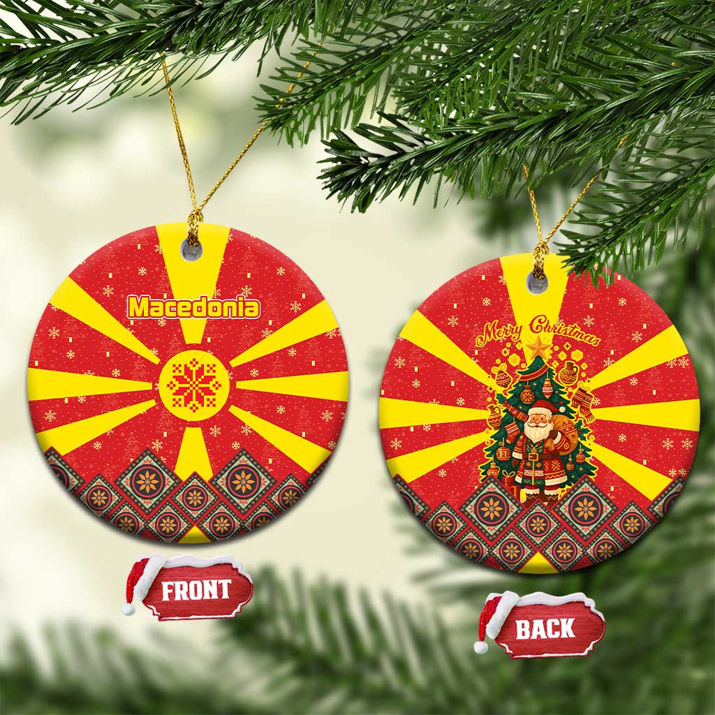 Macedonia Christmas Ceramic Ornament with Yellow Sun, Santa, and Festive Tree Motif - Wonder Print Shop
