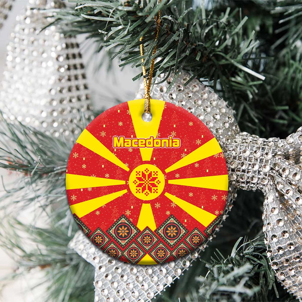 Macedonia Christmas Ceramic Ornament with Yellow Sun, Santa, and Festive Tree Motif - Wonder Print Shop
