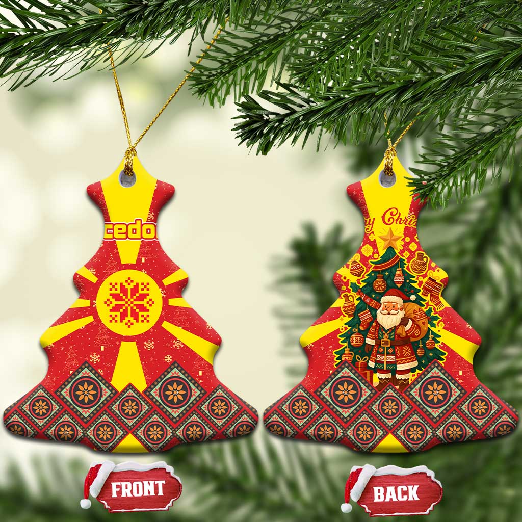 Macedonia Christmas Ceramic Ornament with Yellow Sun, Santa, and Festive Tree Motif - Wonder Print Shop