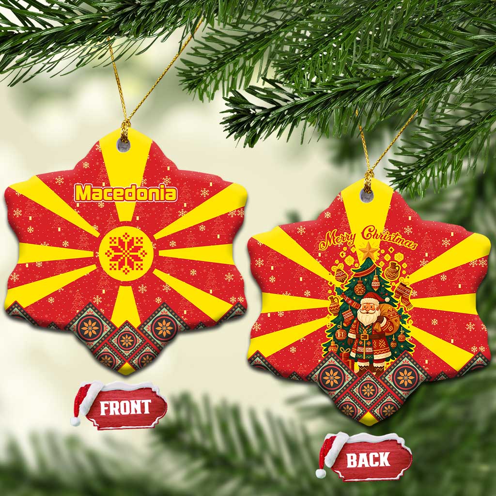 Macedonia Christmas Ceramic Ornament with Yellow Sun, Santa, and Festive Tree Motif - Wonder Print Shop