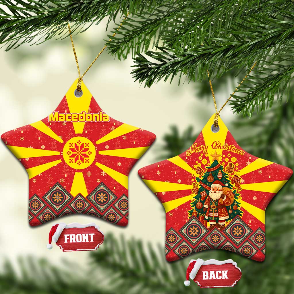 Macedonia Christmas Ceramic Ornament with Yellow Sun, Santa, and Festive Tree Motif - Wonder Print Shop