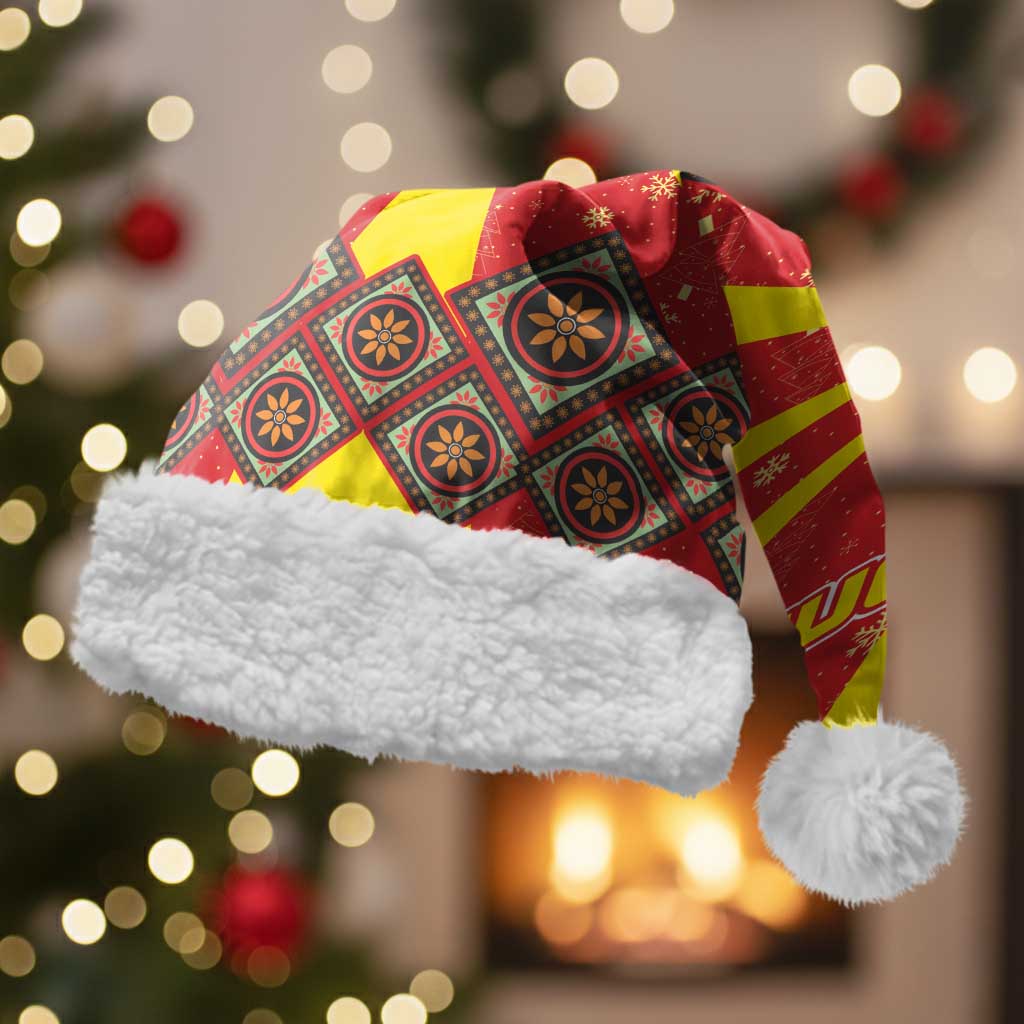 Macedonia Christmas Santa Hat with Yellow Sun, Santa, and Festive Tree Motif - Wonder Print Shop