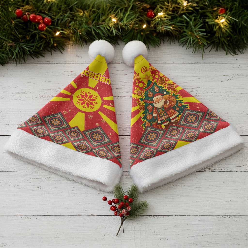 Macedonia Christmas Santa Hat with Yellow Sun, Santa, and Festive Tree Motif - Wonder Print Shop