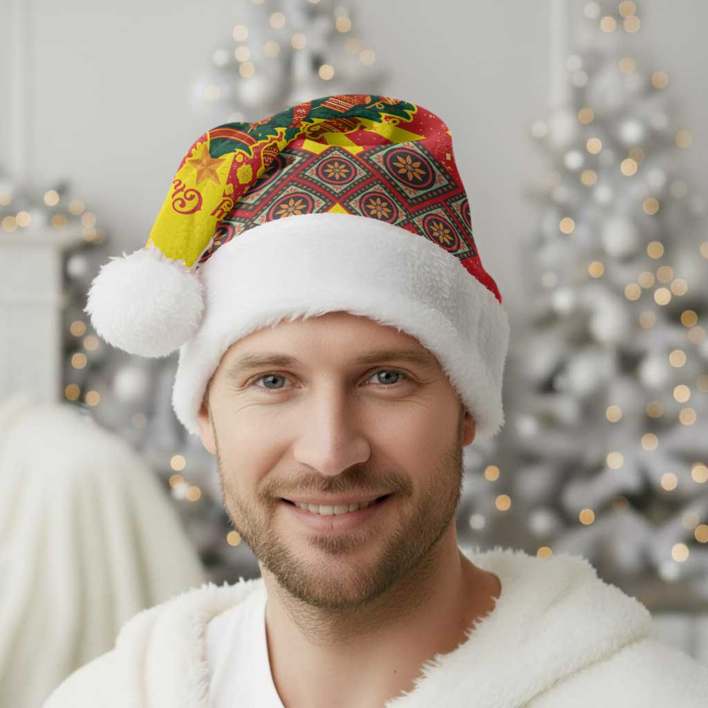 Macedonia Christmas Santa Hat with Yellow Sun, Santa, and Festive Tree Motif - Wonder Print Shop