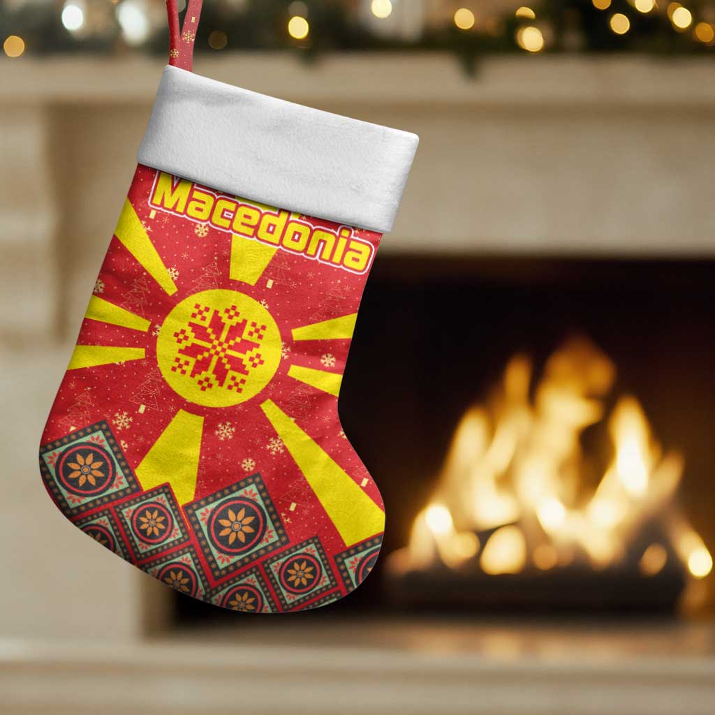 Macedonia Christmas Stocking with Yellow Sun, Santa, and Festive Tree Motif - Wonder Print Shop