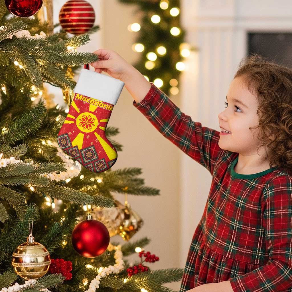 Macedonia Christmas Stocking with Yellow Sun, Santa, and Festive Tree Motif - Wonder Print Shop