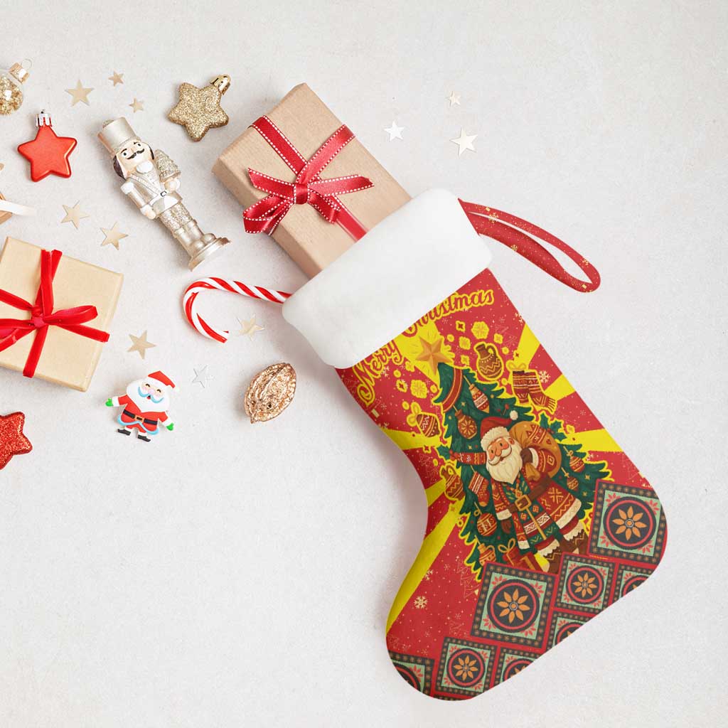 Macedonia Christmas Stocking with Yellow Sun, Santa, and Festive Tree Motif - Wonder Print Shop