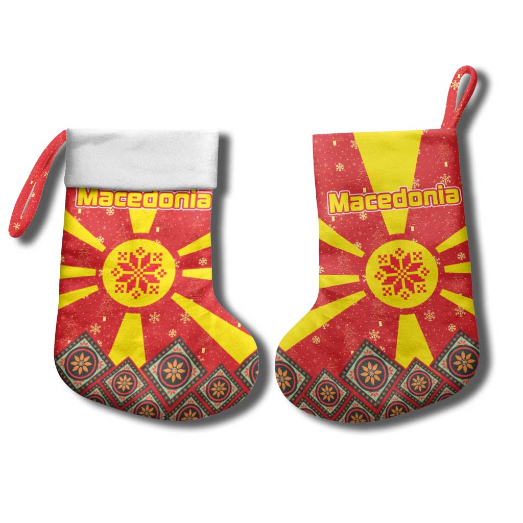 Macedonia Christmas Stocking with Yellow Sun, Santa, and Festive Tree Motif - Wonder Print Shop