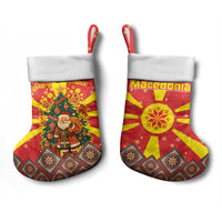 Macedonia Christmas Stocking with Yellow Sun, Santa, and Festive Tree Motif - Wonder Print Shop