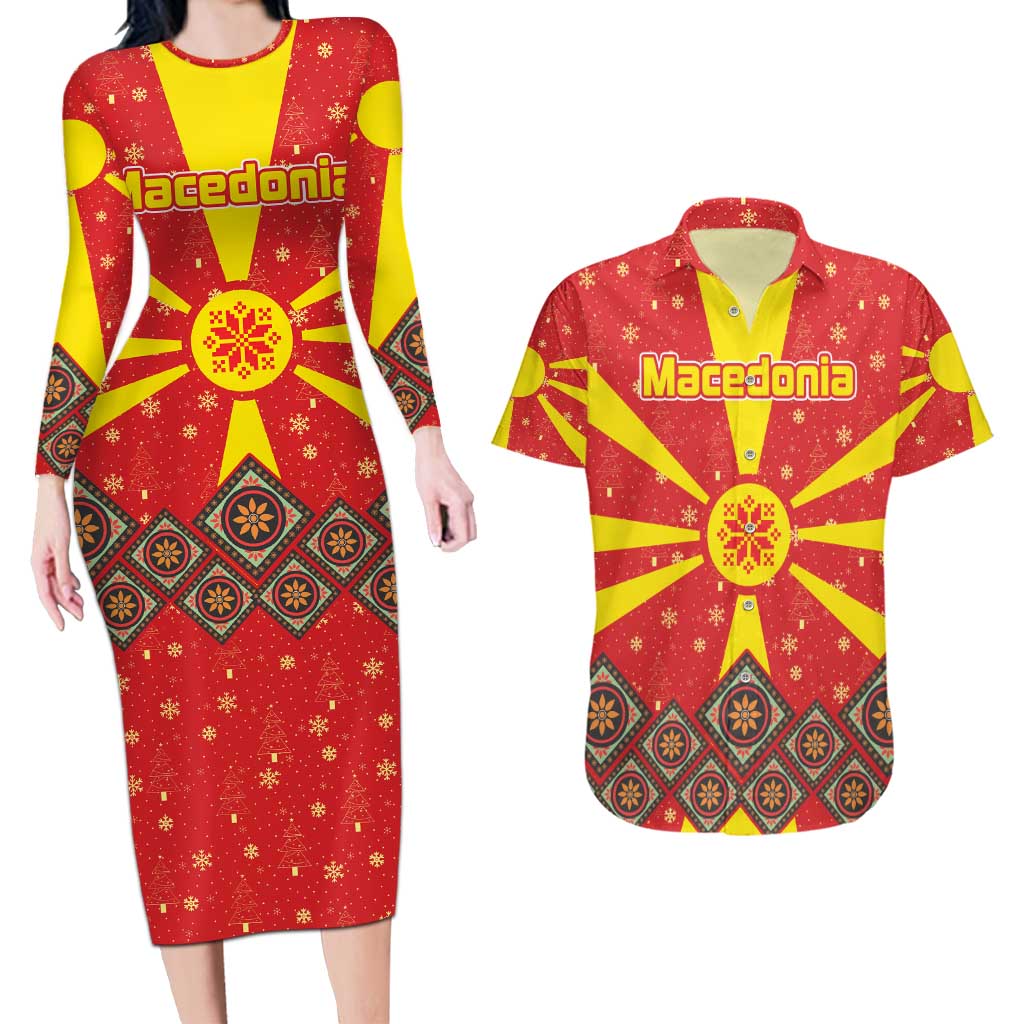 Macedonia Christmas Couples Matching Long Sleeve Bodycon Dress and Hawaiian Shirt with Yellow Sun, Santa, and Festive Tree Motif - Wonder Print Shop