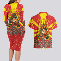 Macedonia Christmas Couples Matching Long Sleeve Bodycon Dress and Hawaiian Shirt with Yellow Sun, Santa, and Festive Tree Motif - Wonder Print Shop