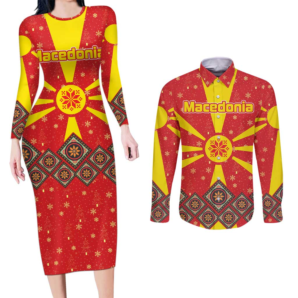 Macedonia Christmas Couples Matching Long Sleeve Bodycon Dress and Long Sleeve Button Shirt with Yellow Sun, Santa, and Festive Tree Motif - Wonder Print Shop