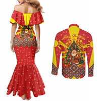 Macedonia Christmas Couples Matching Mermaid Dress and Long Sleeve Button Shirt with Yellow Sun, Santa, and Festive Tree Motif - Wonder Print Shop