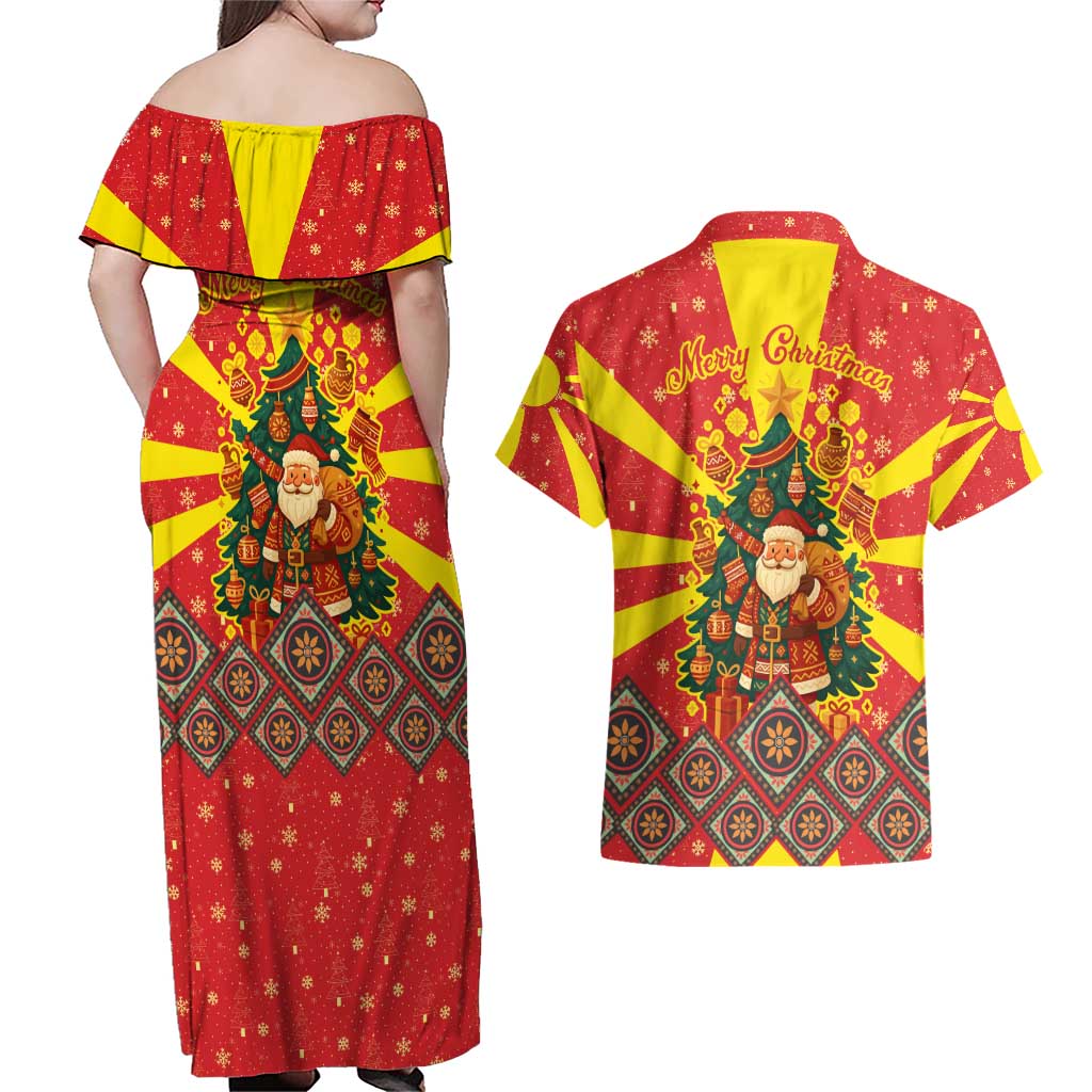 Macedonia Christmas Couples Matching Off Shoulder Maxi Dress and Hawaiian Shirt with Yellow Sun, Santa, and Festive Tree Motif - Wonder Print Shop