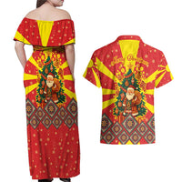 Macedonia Christmas Couples Matching Off Shoulder Maxi Dress and Hawaiian Shirt with Yellow Sun, Santa, and Festive Tree Motif - Wonder Print Shop