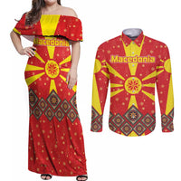 Macedonia Christmas Couples Matching Off Shoulder Maxi Dress and Long Sleeve Button Shirt with Yellow Sun, Santa, and Festive Tree Motif - Wonder Print Shop