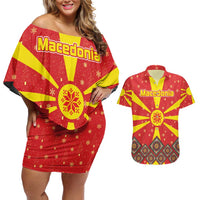 Macedonia Christmas Couples Matching Off Shoulder Short Dress and Hawaiian Shirt with Yellow Sun, Santa, and Festive Tree Motif - Wonder Print Shop