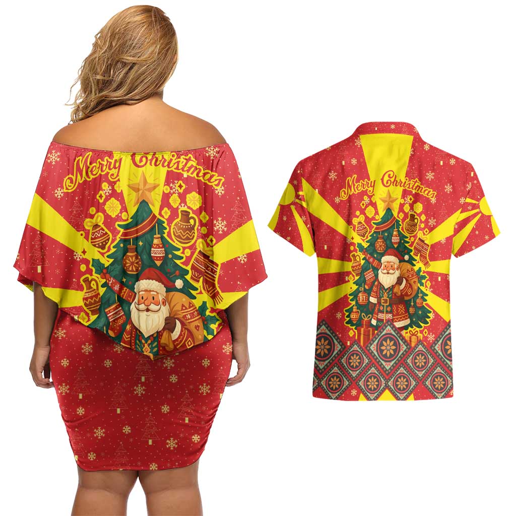 Macedonia Christmas Couples Matching Off Shoulder Short Dress and Hawaiian Shirt with Yellow Sun, Santa, and Festive Tree Motif - Wonder Print Shop
