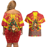 Macedonia Christmas Couples Matching Off Shoulder Short Dress and Hawaiian Shirt with Yellow Sun, Santa, and Festive Tree Motif - Wonder Print Shop