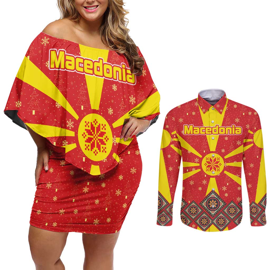 Macedonia Christmas Couples Matching Off Shoulder Short Dress and Long Sleeve Button Shirt with Yellow Sun, Santa, and Festive Tree Motif - Wonder Print Shop