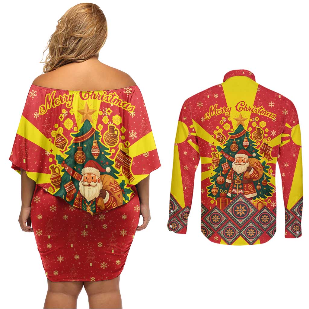 Macedonia Christmas Couples Matching Off Shoulder Short Dress and Long Sleeve Button Shirt with Yellow Sun, Santa, and Festive Tree Motif - Wonder Print Shop