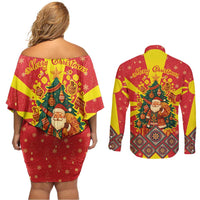 Macedonia Christmas Couples Matching Off Shoulder Short Dress and Long Sleeve Button Shirt with Yellow Sun, Santa, and Festive Tree Motif - Wonder Print Shop