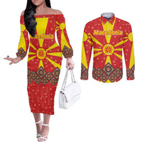 Macedonia Christmas Couples Matching Off The Shoulder Long Sleeve Dress and Long Sleeve Button Shirt with Yellow Sun, Santa, and Festive Tree Motif - Wonder Print Shop