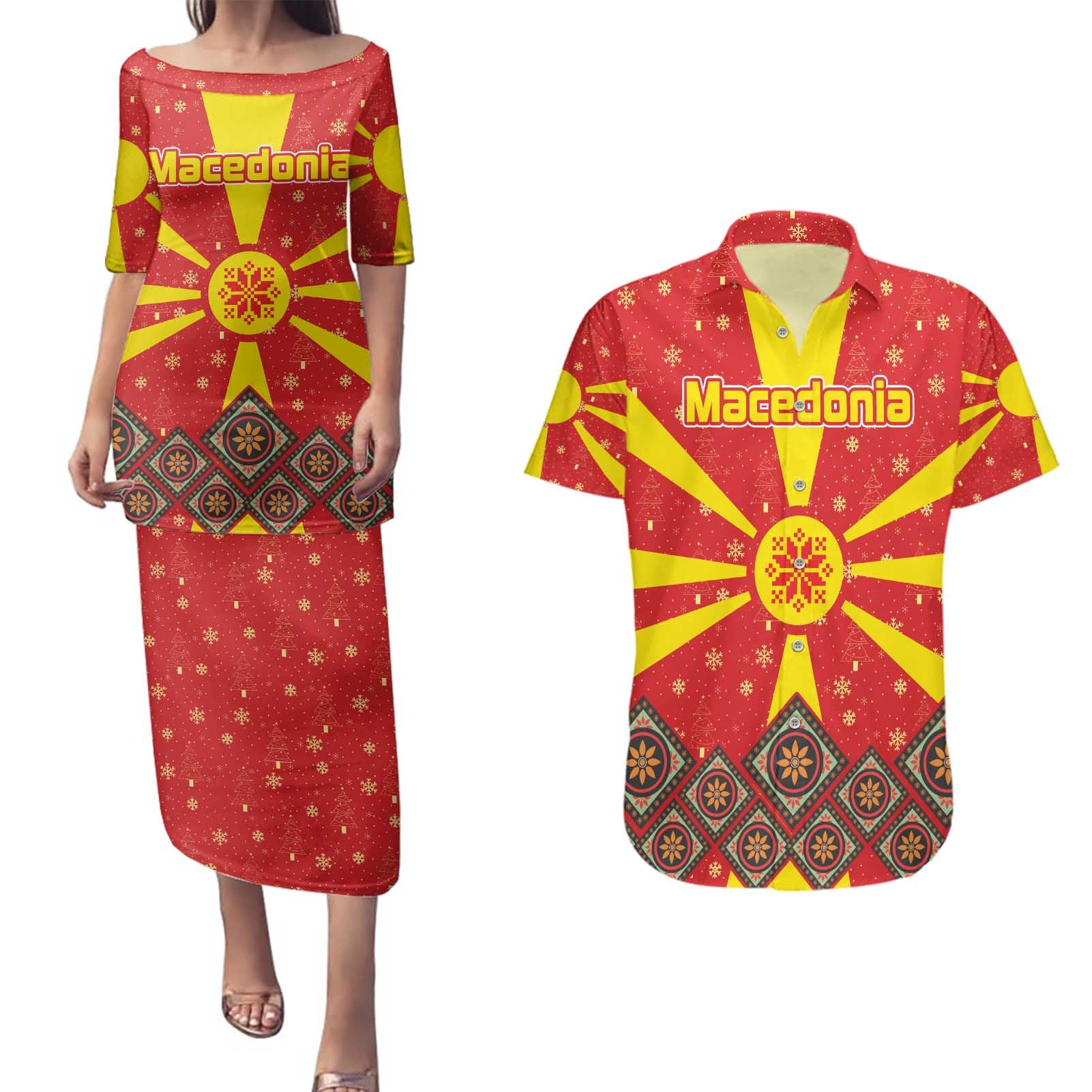 Macedonia Christmas Couples Matching Puletasi and Hawaiian Shirt with Yellow Sun, Santa, and Festive Tree Motif - Wonder Print Shop