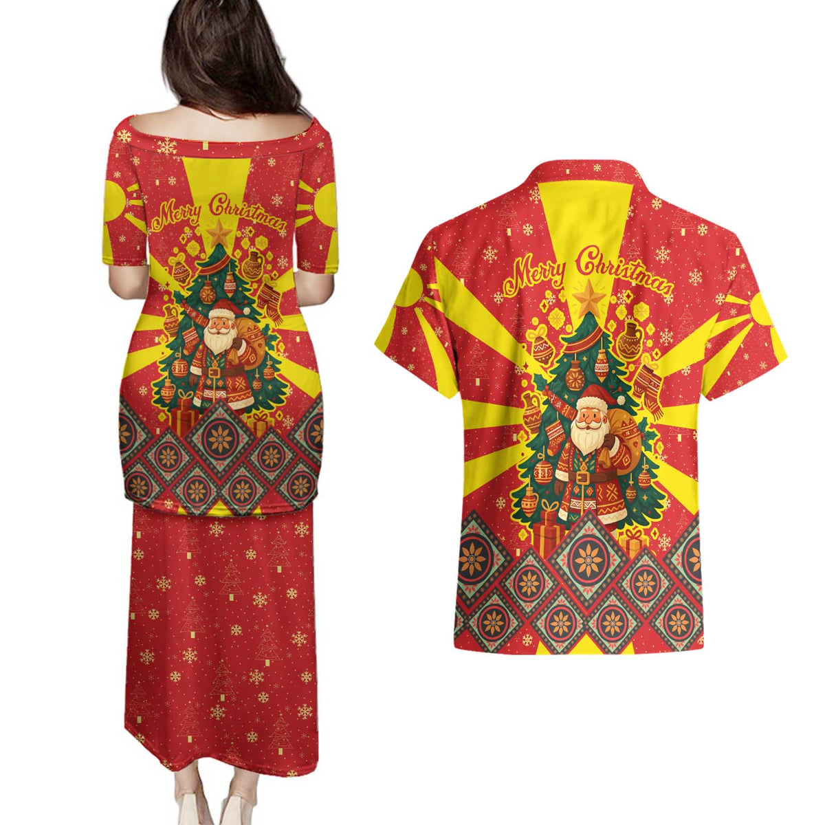 Macedonia Christmas Couples Matching Puletasi and Hawaiian Shirt with Yellow Sun, Santa, and Festive Tree Motif - Wonder Print Shop