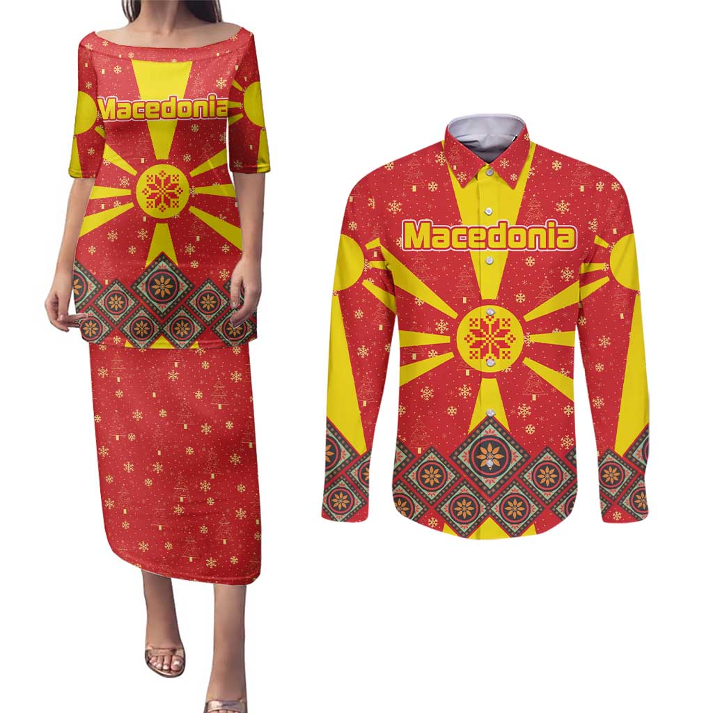 Macedonia Christmas Couples Matching Puletasi and Long Sleeve Button Shirt with Yellow Sun, Santa, and Festive Tree Motif - Wonder Print Shop