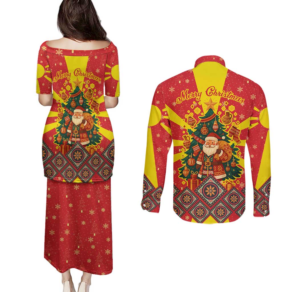 Macedonia Christmas Couples Matching Puletasi and Long Sleeve Button Shirt with Yellow Sun, Santa, and Festive Tree Motif - Wonder Print Shop