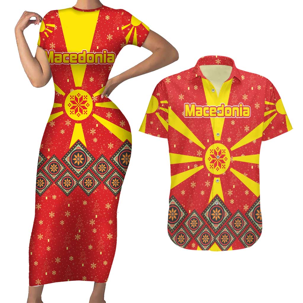 Macedonia Christmas Couples Matching Short Sleeve Bodycon Dress and Hawaiian Shirt with Yellow Sun, Santa, and Festive Tree Motif - Wonder Print Shop
