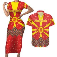 Macedonia Christmas Couples Matching Short Sleeve Bodycon Dress and Hawaiian Shirt with Yellow Sun, Santa, and Festive Tree Motif - Wonder Print Shop