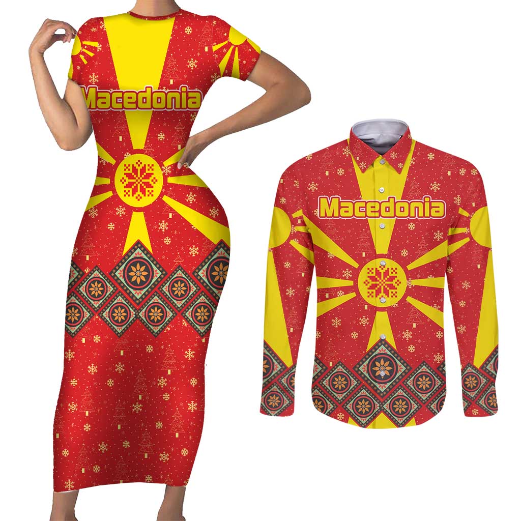 Macedonia Christmas Couples Matching Short Sleeve Bodycon Dress and Long Sleeve Button Shirt with Yellow Sun, Santa, and Festive Tree Motif - Wonder Print Shop