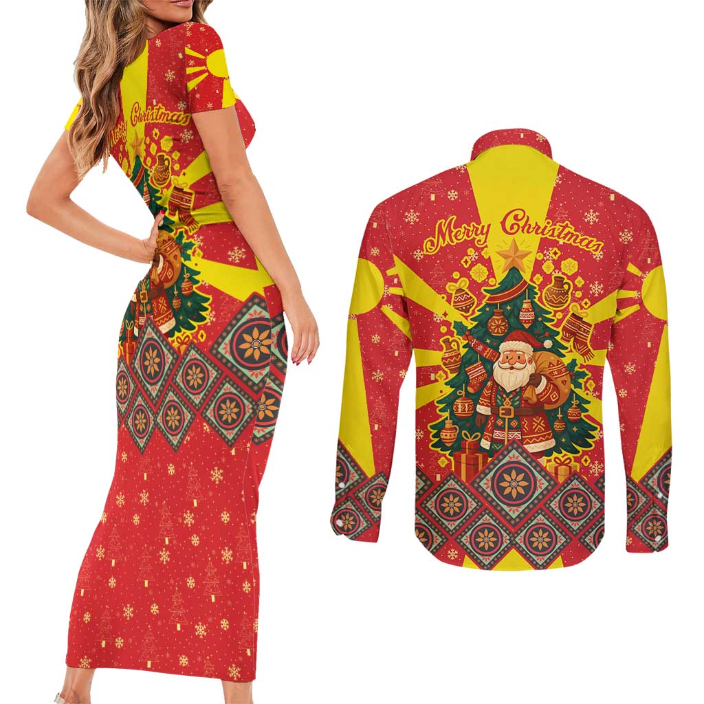 Macedonia Christmas Couples Matching Short Sleeve Bodycon Dress and Long Sleeve Button Shirt with Yellow Sun, Santa, and Festive Tree Motif - Wonder Print Shop