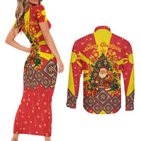 Macedonia Christmas Couples Matching Short Sleeve Bodycon Dress and Long Sleeve Button Shirt with Yellow Sun, Santa, and Festive Tree Motif - Wonder Print Shop