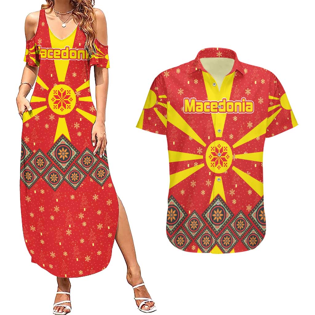 Macedonia Christmas Couples Matching Summer Maxi Dress and Hawaiian Shirt with Yellow Sun, Santa, and Festive Tree Motif - Wonder Print Shop