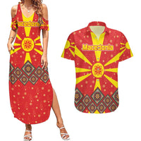 Macedonia Christmas Couples Matching Summer Maxi Dress and Hawaiian Shirt with Yellow Sun, Santa, and Festive Tree Motif - Wonder Print Shop