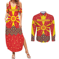 Macedonia Christmas Couples Matching Summer Maxi Dress and Long Sleeve Button Shirt with Yellow Sun, Santa, and Festive Tree Motif - Wonder Print Shop