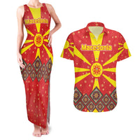 Macedonia Christmas Couples Matching Tank Maxi Dress and Hawaiian Shirt with Yellow Sun, Santa, and Festive Tree Motif - Wonder Print Shop